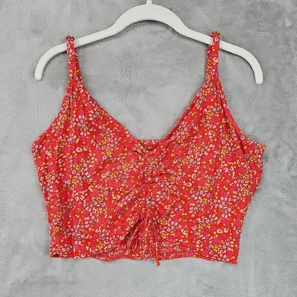 O'Neill Crop Top Womens Size M Orange Floral Ruched Front V-Neck Viscose Tank - Picture 1 of 9